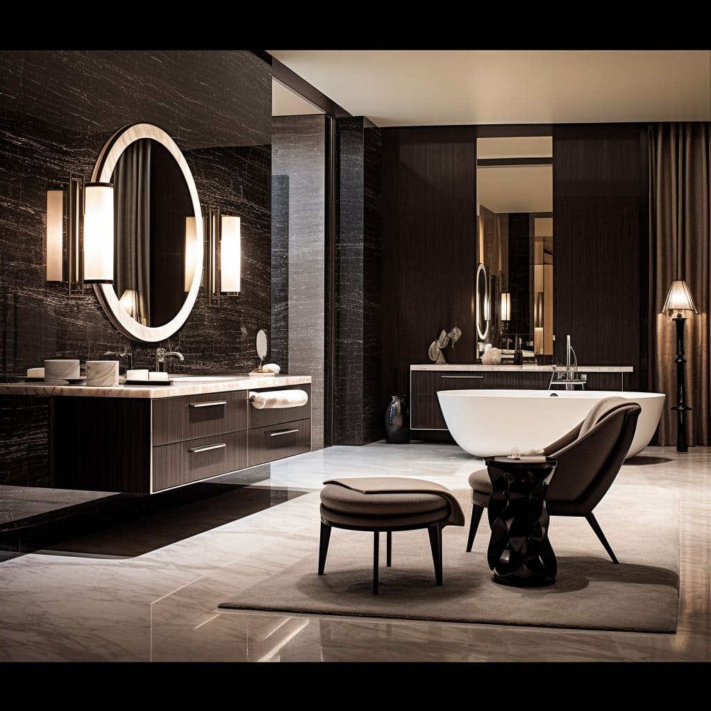 Dark gray bathroom tiles create a serene, spa-like atmosphere.