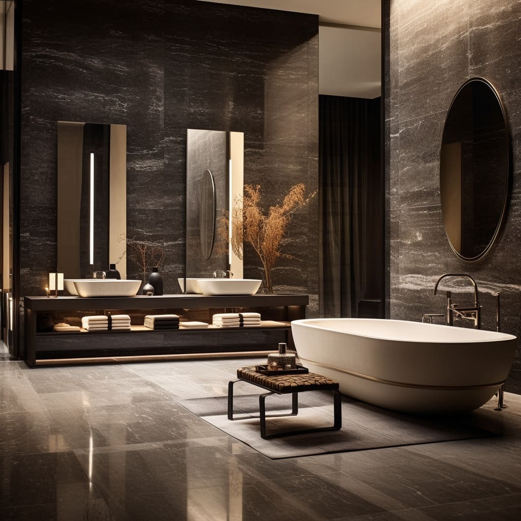 Dark, large tiles provide a modern and luxurious foundation in this spacious master bathroom.