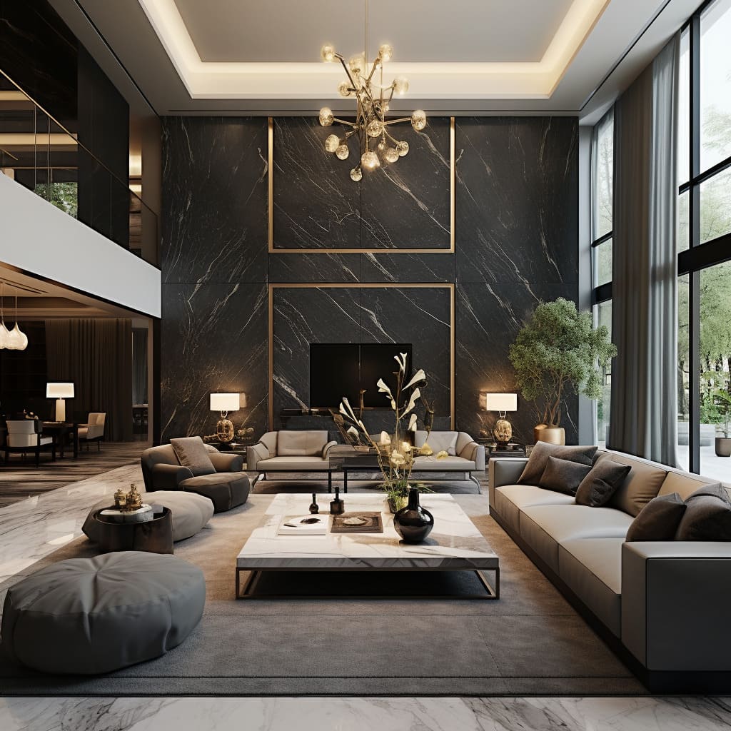 Dark stone tiles ground the living room, giving it a sophisticated edge.