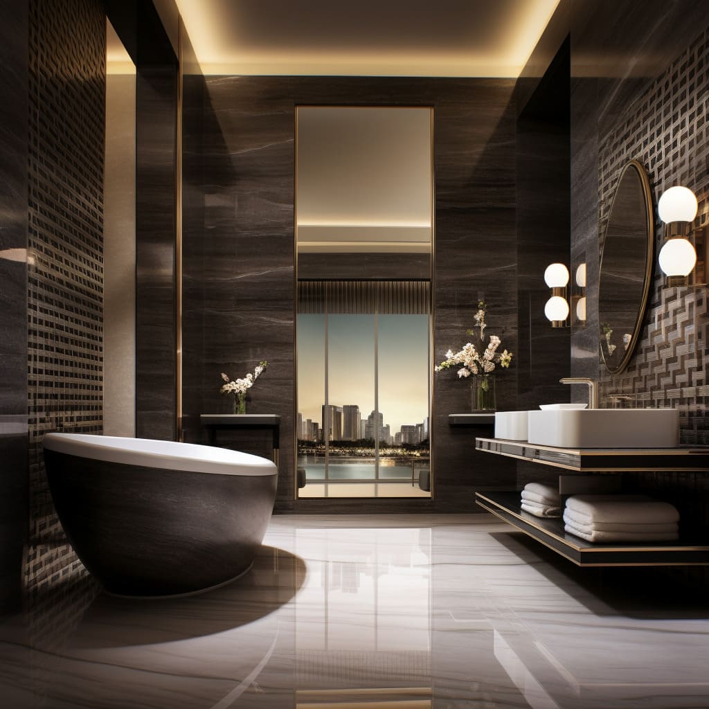 Dark, textured tiles envelop this luxury master bathroom, giving it a cozy yet elegant ambiance.
