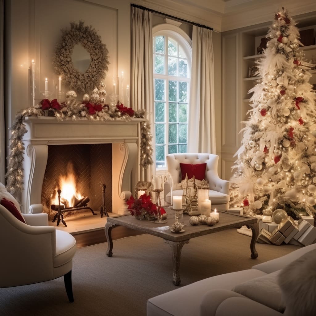 Decorative pillows with Christmas themes in this living room add a cozy, festive touch to the sofa.