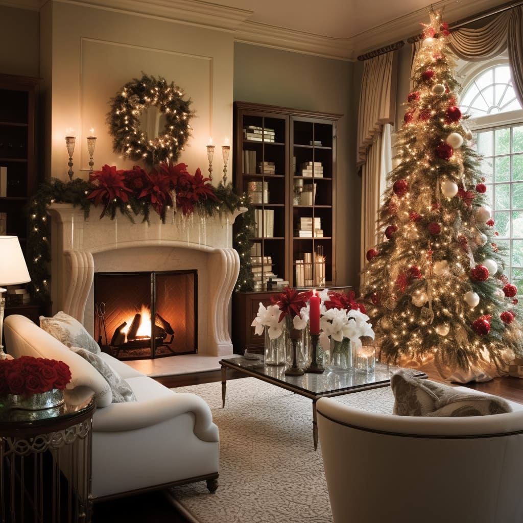 Delicate Christmas lights in this living room add a magical touch to the holiday decor.