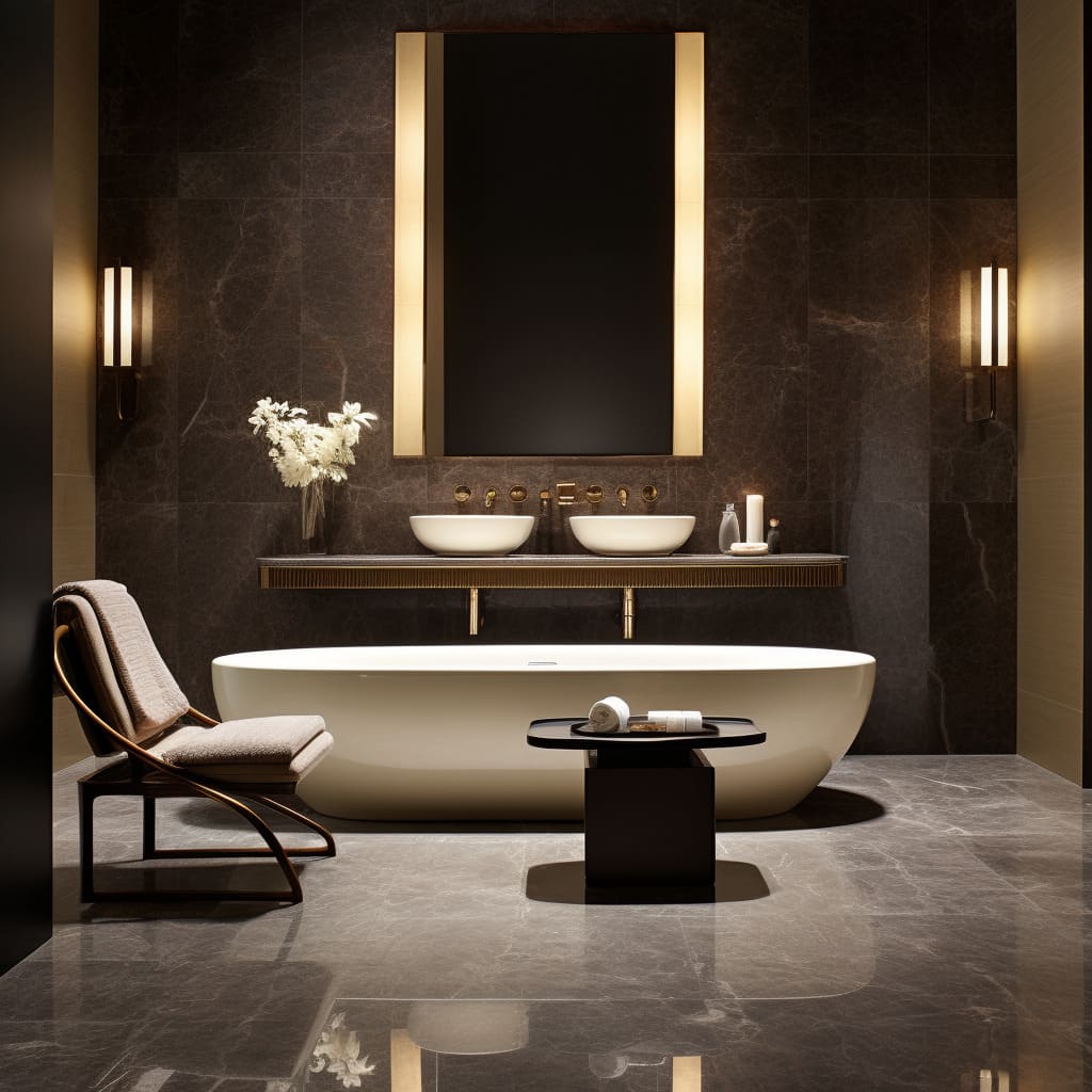 Double sinks enhance the functionality and luxury of this contemporary master bathroom's sleek design.