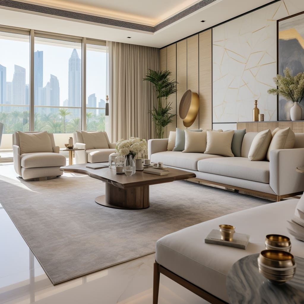 Dreamy soft beige armchairs complement the clean lines of this modern house's living room.