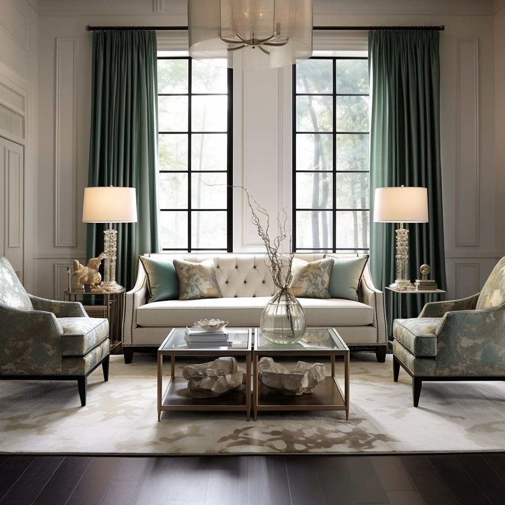 Elegant furniture with clean lines gives this living room a timeless American aesthetic.