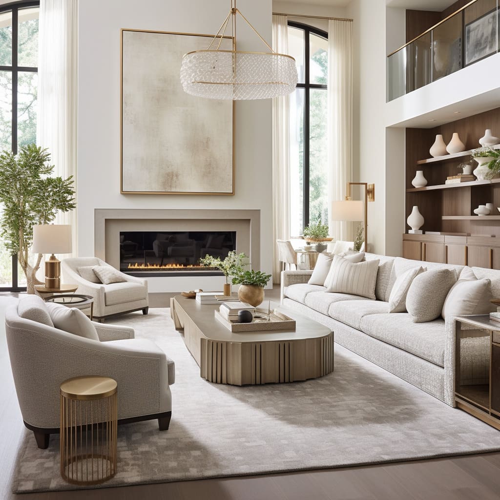 Elegant white seating is the focal point of this home's modern classic living room.