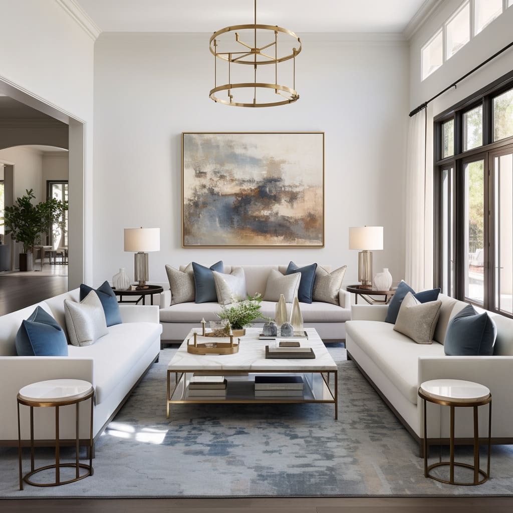 Elegant white walls enhance the open feel of this large house living room.