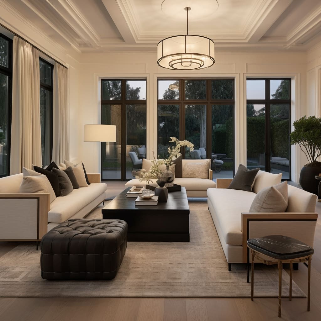 Elegant wooden accents and plush sofas bring a cozy yet contemporary feel to this home's living room.