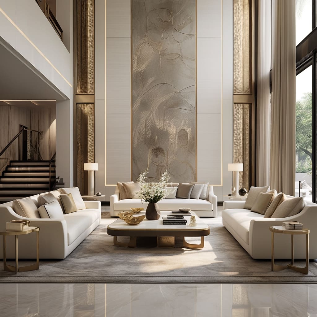 Emphasizing large space, the living room appears even grander with its modern furnishings.