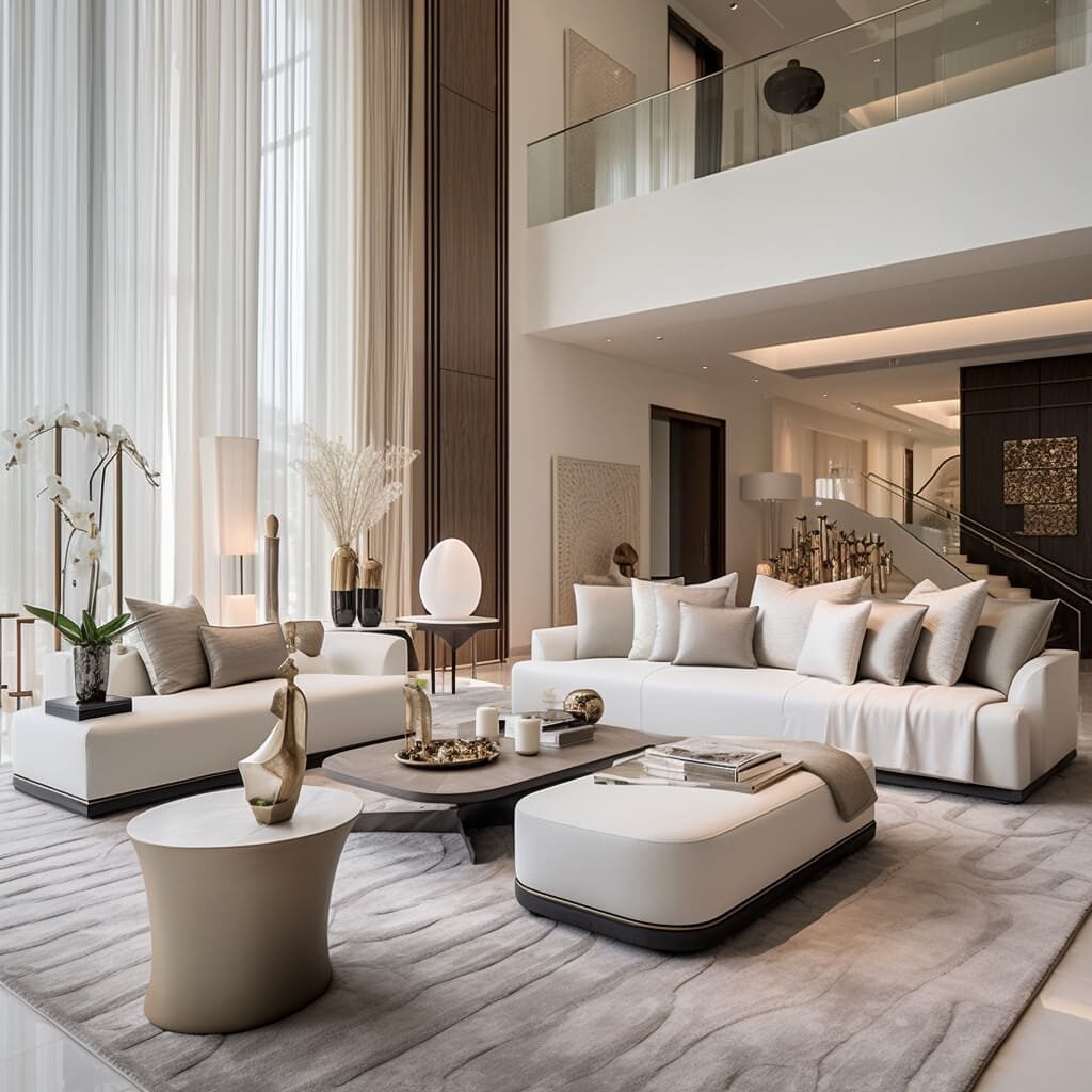Every decoration in the living room is thoughtful, complementing the off-white minimalist style.