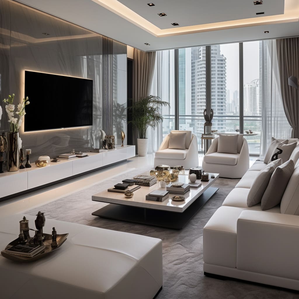 Exquisite interior decorations enhance the allure of this flat's living room design.