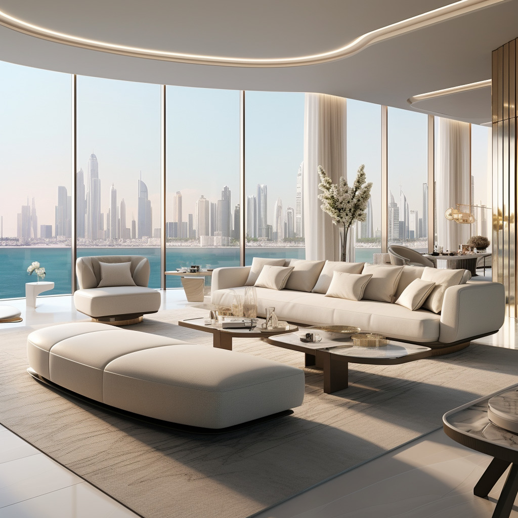 Floor-to-ceiling windows are a hallmark of the penthouse's living room design.