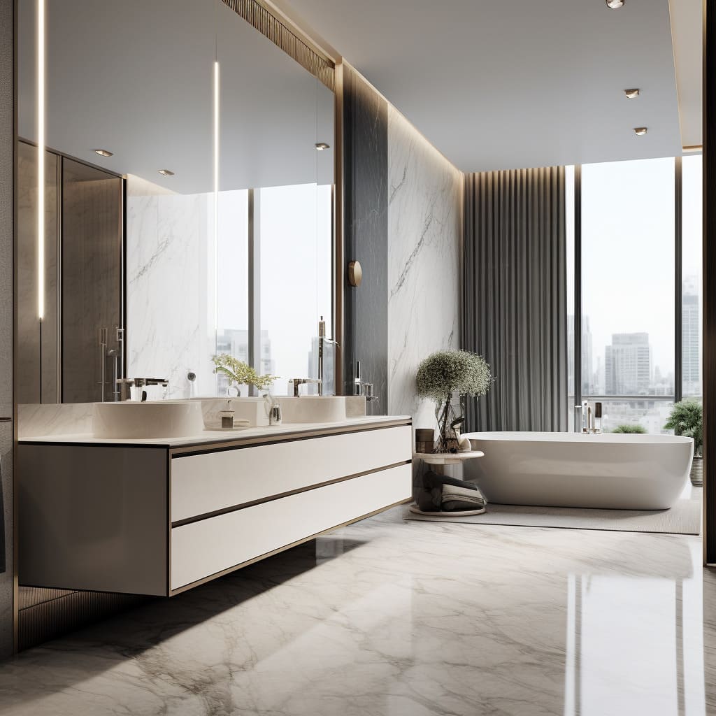Floor-to-ceiling windows behind the bath tub invite natural light to dance on the glossy surfaces