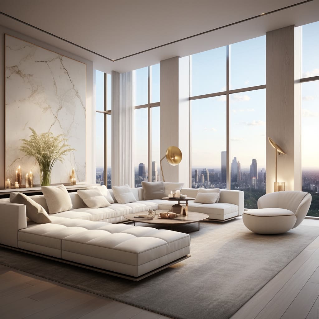 Floor-to-ceiling windows flood the living room with natural light, enhancing the apartment's modern design.