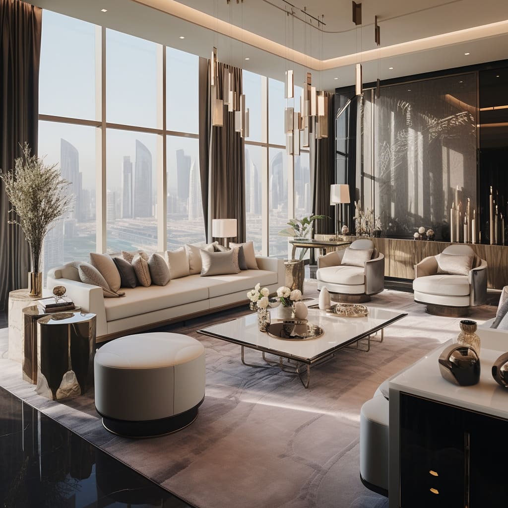 Floor-to-ceiling windows flood the penthouse living room with light, complementing its creamy beige décor.