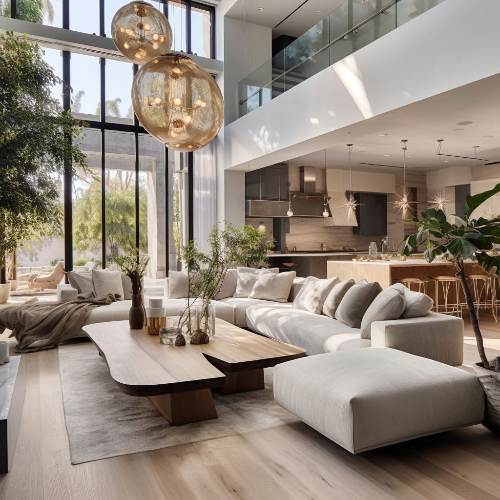 Floor-to-ceiling windows flood this modern home's living room with natural light, complementing its white walls