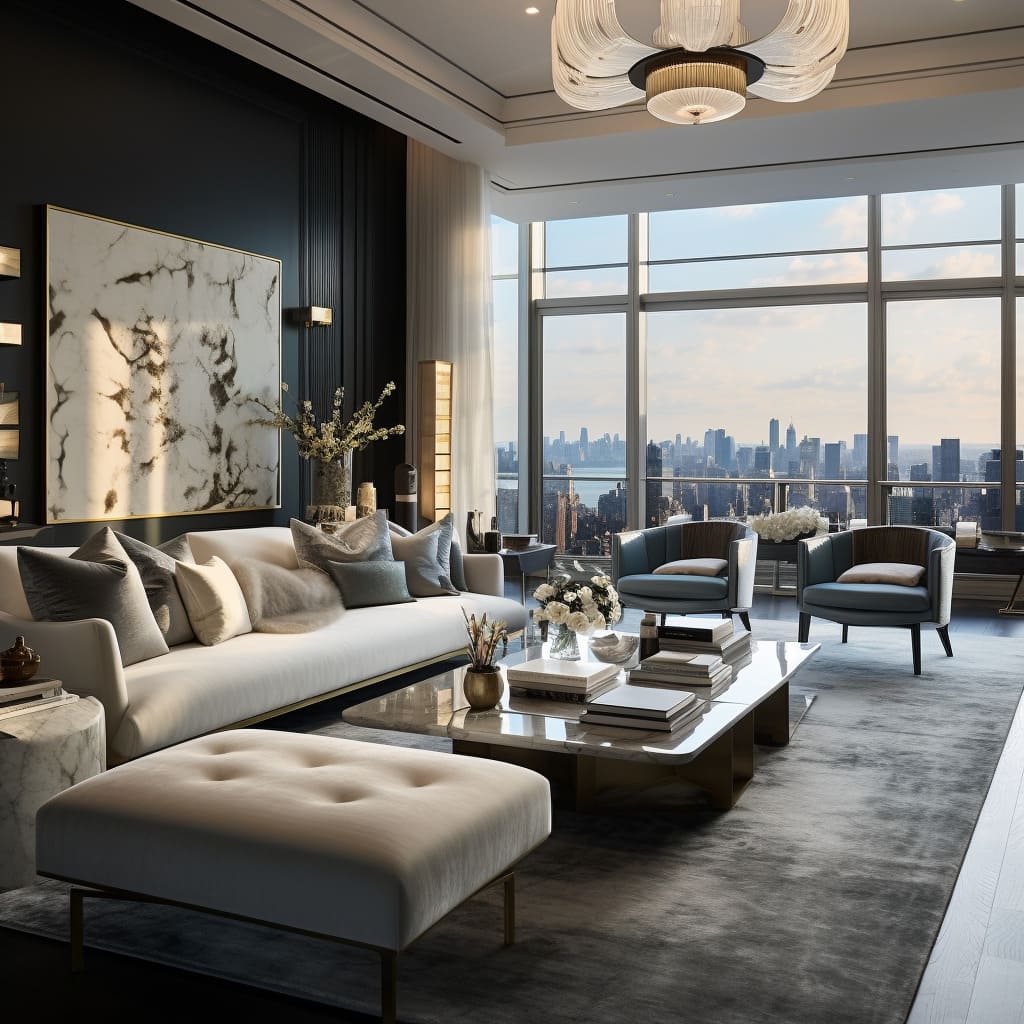 Floor-to-ceiling windows illuminate the spacious living room, highlighting its exquisite interior design.