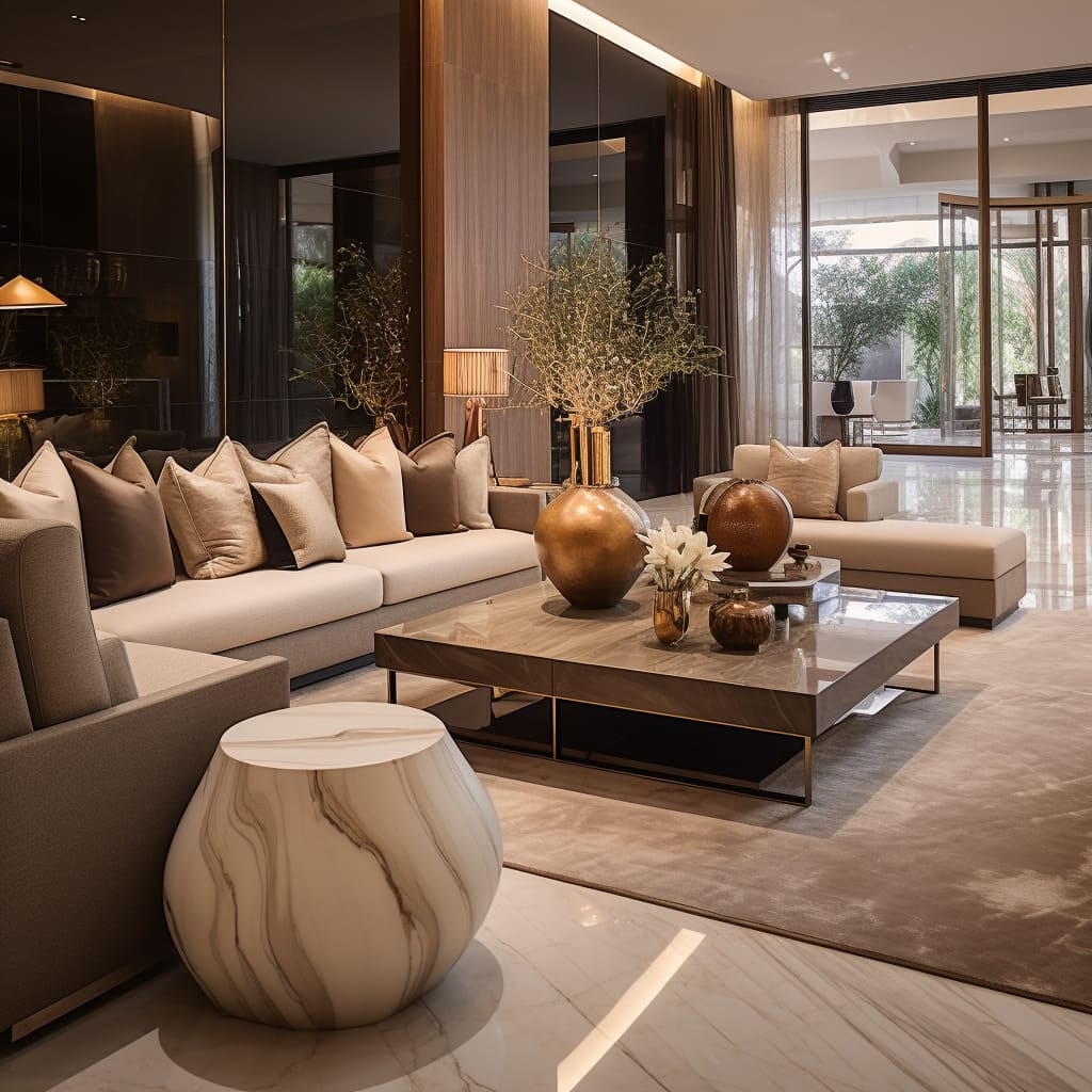 Floor-to-ceiling windows in the living room accentuate the double ceiling height and the travertine stone's grandeur.