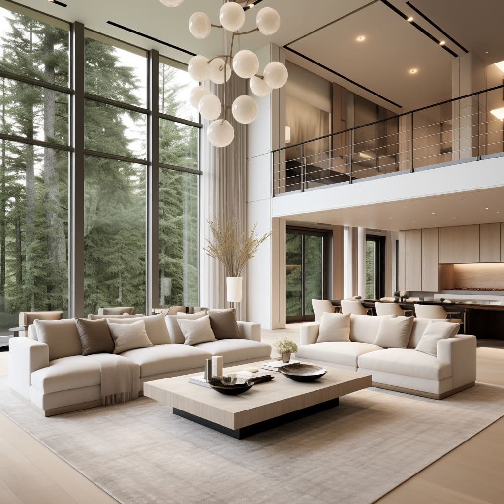 Floor-to-ceiling windows in this living room allow natural light to accentuate its modern, clean lines.