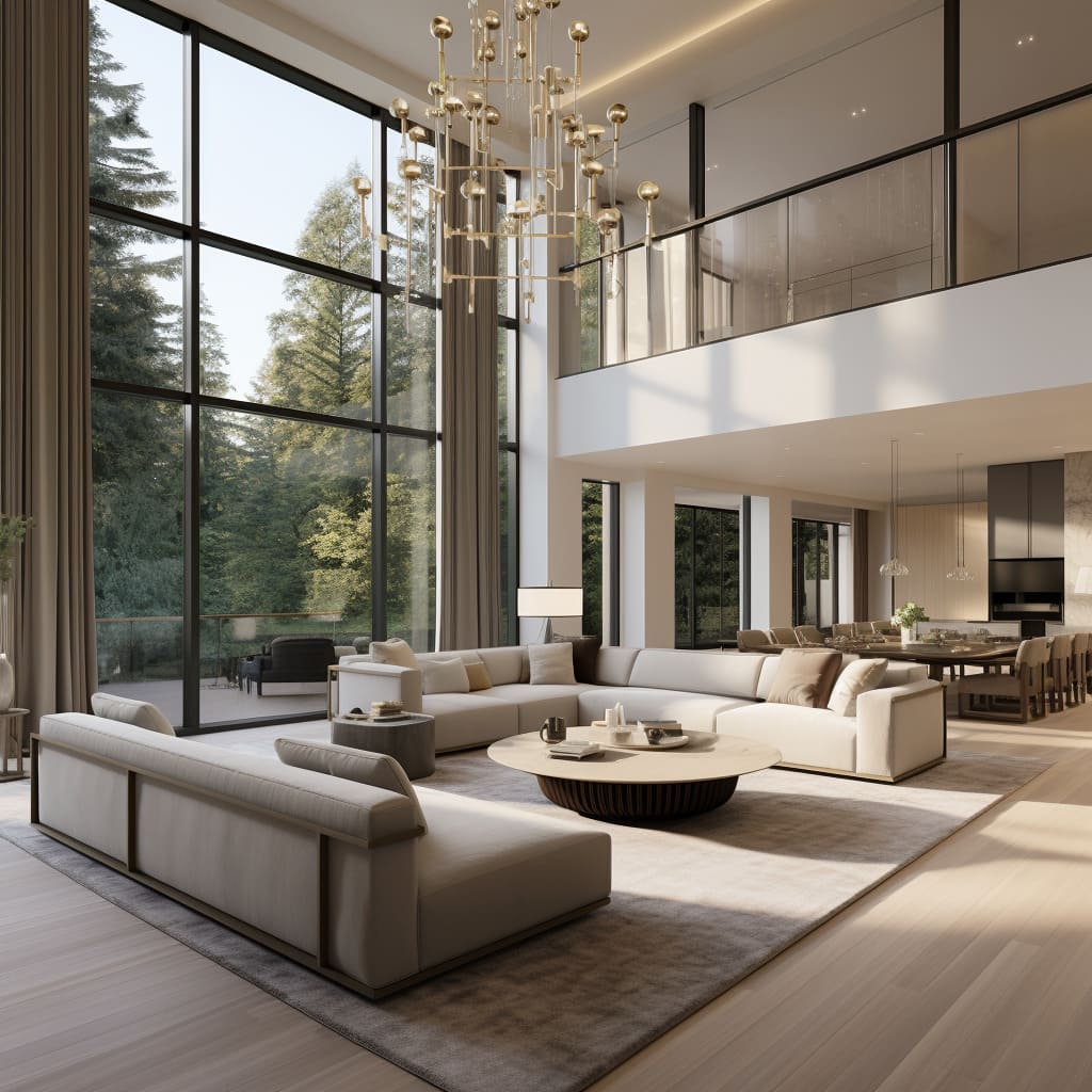 Floor-to-ceiling windows in this living room reveal the beauty of nature, complementing its modern design.
