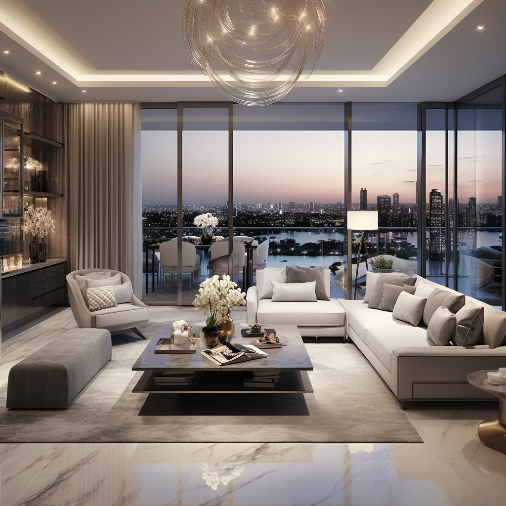 For a large apartment, the spacious living room is the heart of the home.