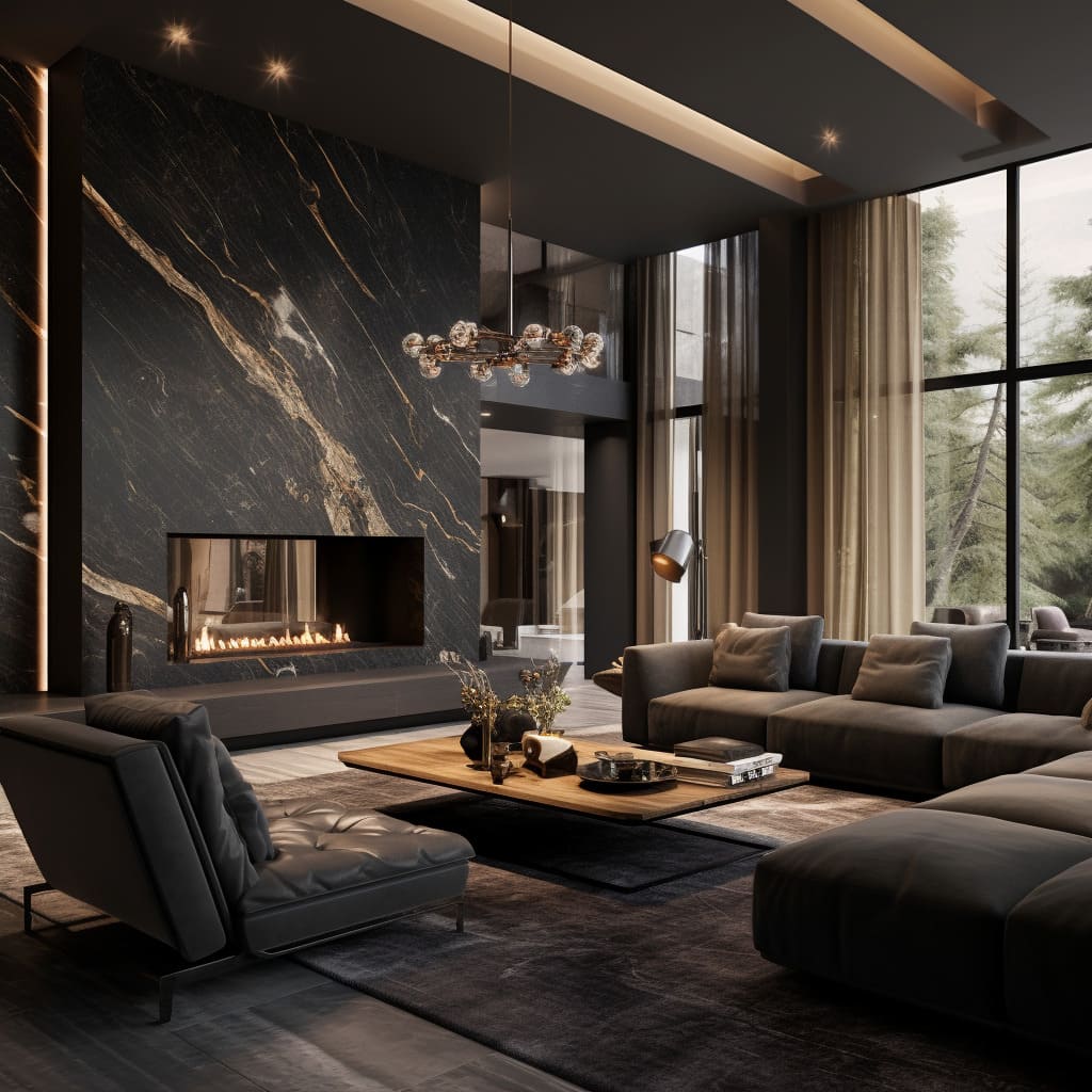 Furniture arrangement is essential to the functionality of this stone-clad living room.