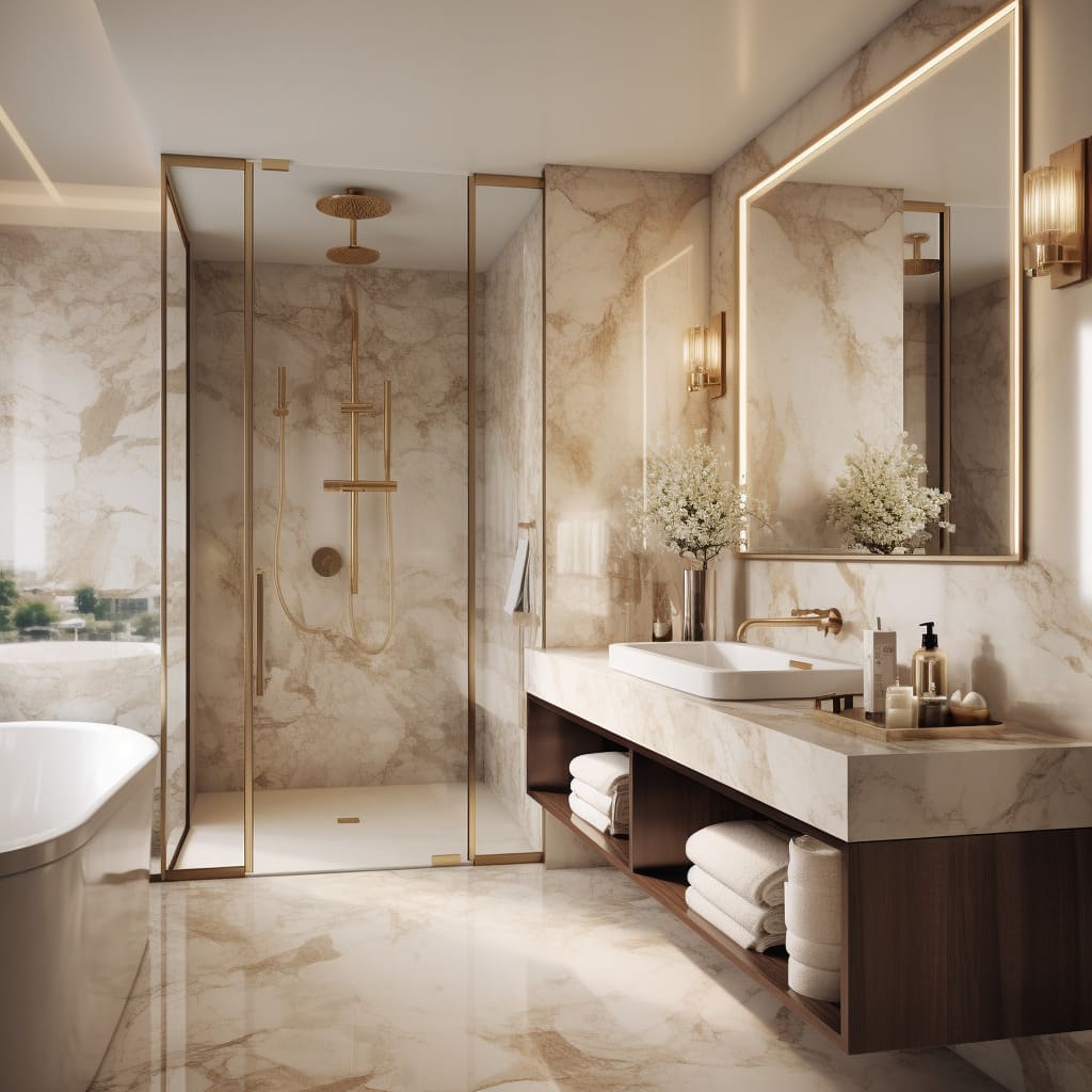 Gold-trimmed glass shower doors contrast beautifully with the light marble walls, adding a touch of glamour to the space.