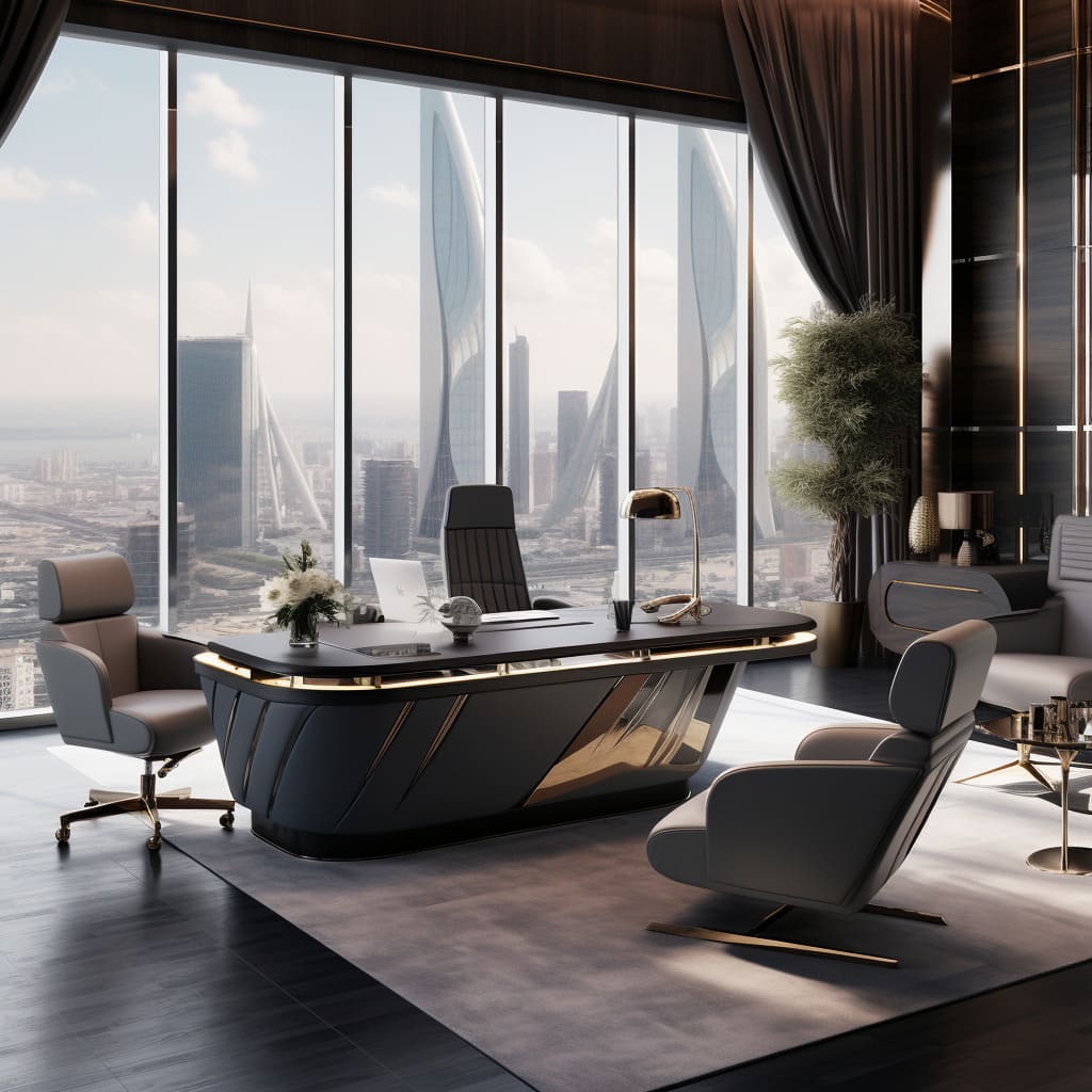 High above Dubai, this office's luxury is unparalleled, with a sleek desk facing the horizon
