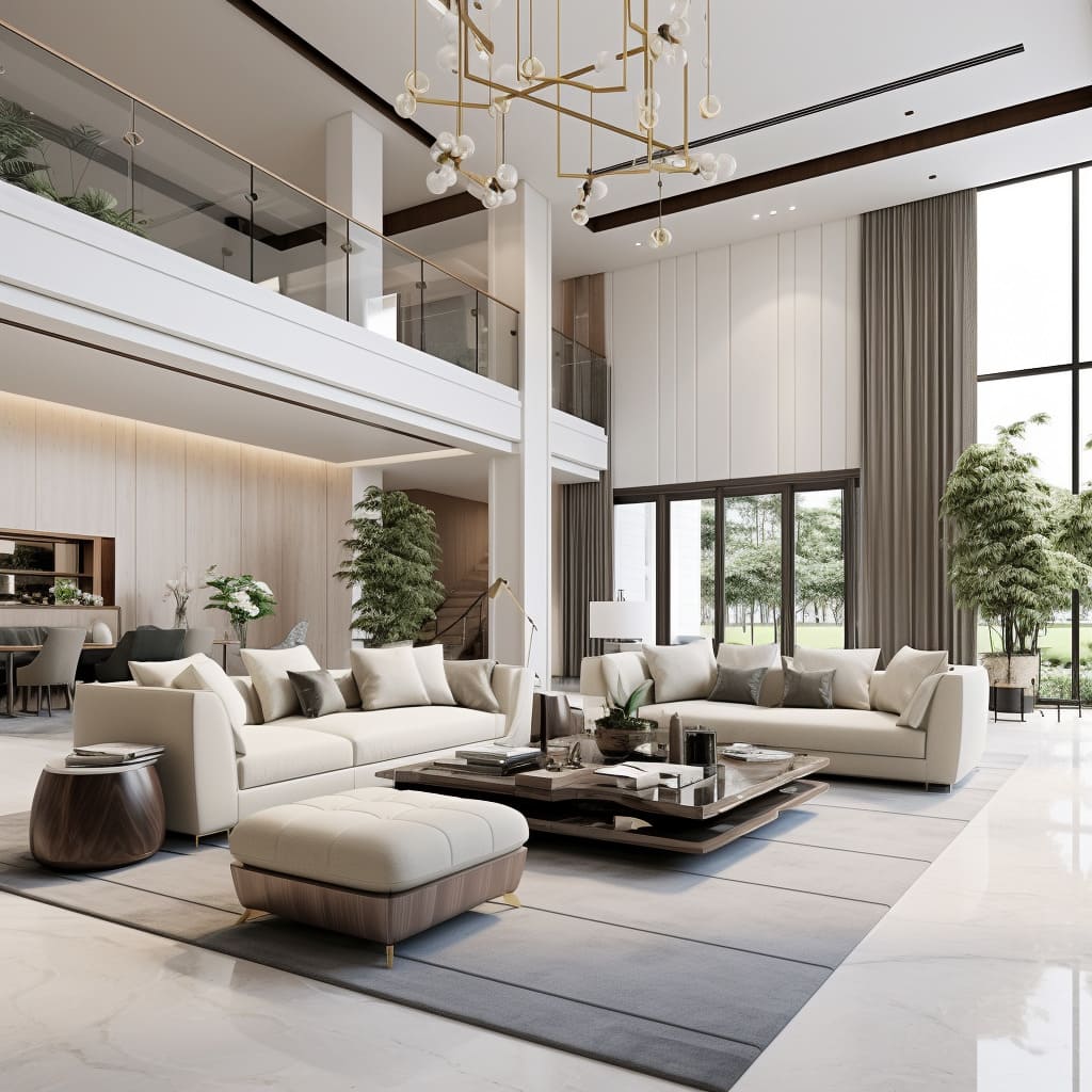 High ceilings and a monochromatic palette enhance the modern interior of this airy living room.