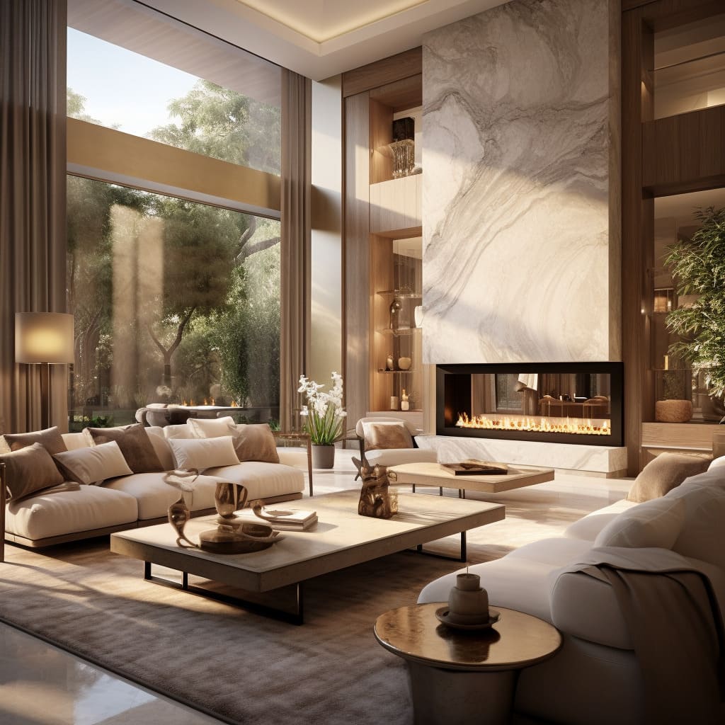 High-end sofas and chic marble surfaces elevate the interior design of this living room.