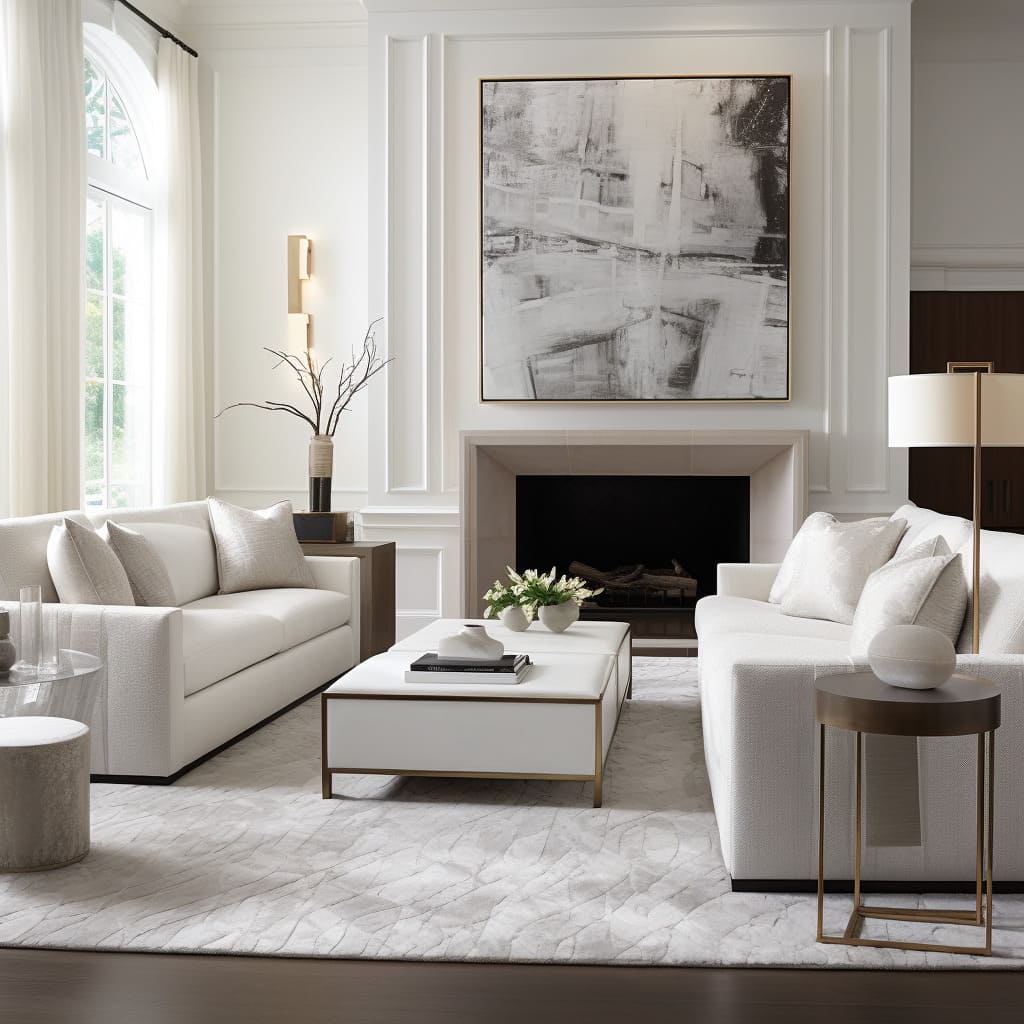 Home furniture in this living room is carefully selected to blend white, transitional styles.
