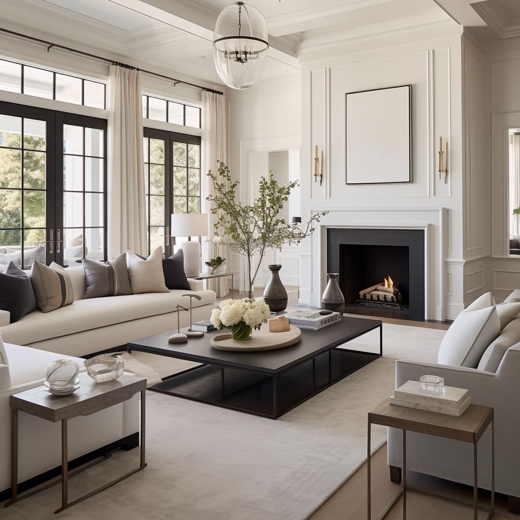 Home furniture with a modern classic flair transforms this living room into a chic, inviting space.