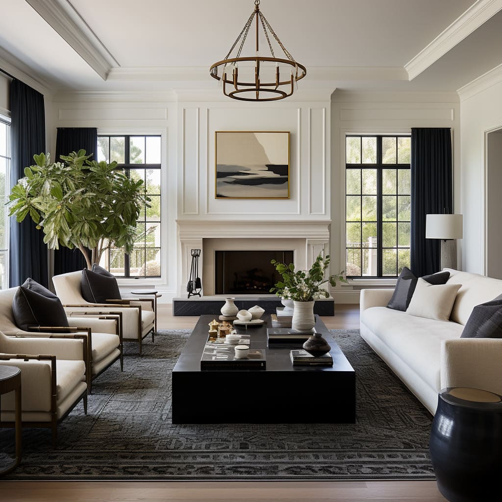Home furniture with sleek lines and classical details gives this living room's interior design a unique, transitional charm.