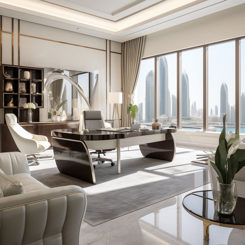 In Dubai's high-rise, the manager's office reflects contemporary luxury with its expansive views and minimalist furniture.