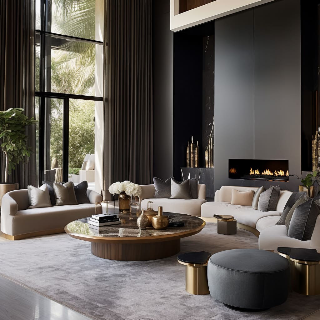 In a such modern house, the living room is a testament to American design, featuring comfortable sofas and stylish accents.