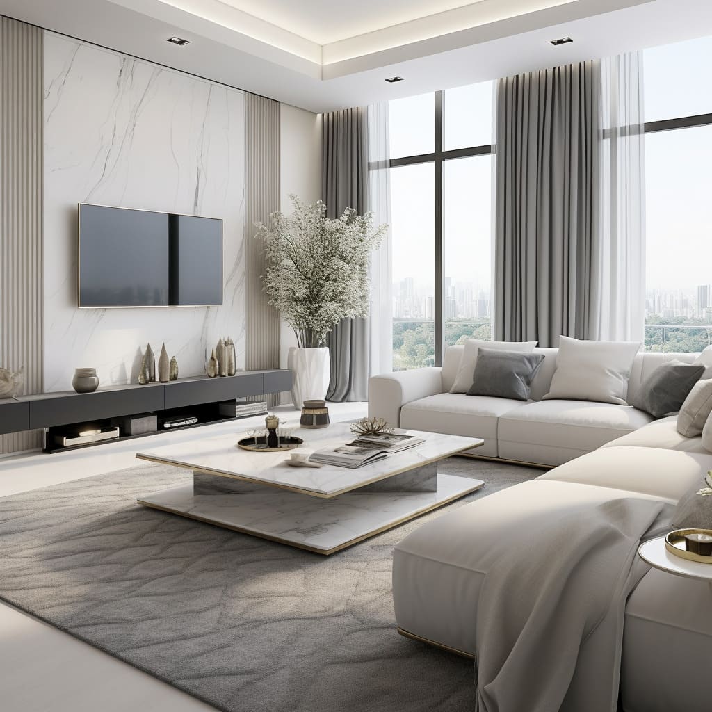 In the heart of the apartment, the living room's luxury minimalist design invites relaxation with its plush seating.