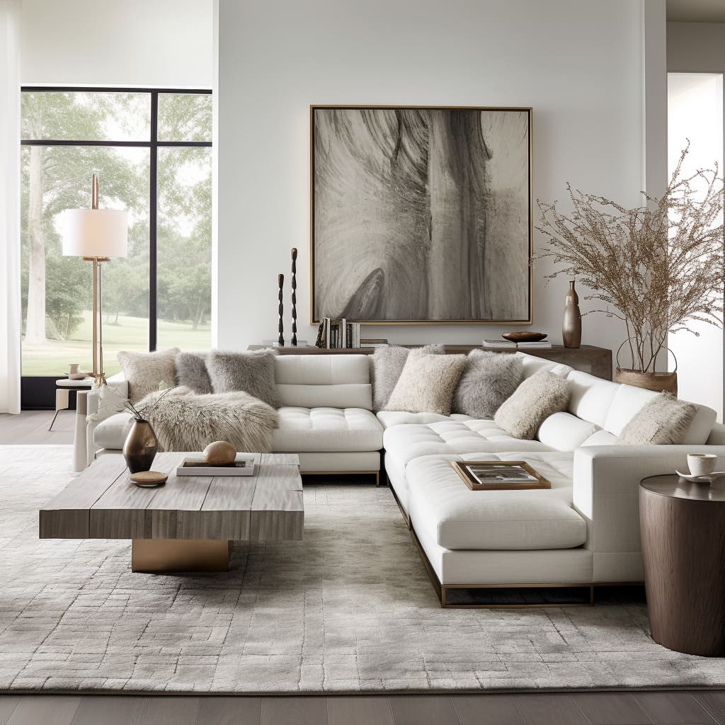 In the heart of the dream home, the living room invites relaxation with a classic white sofa amidst sleek modern design.
