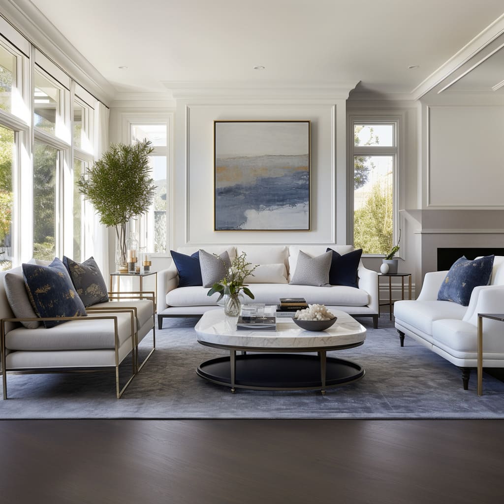 In the heart of the living room, a statement sofa adds a touch of American style comfort.