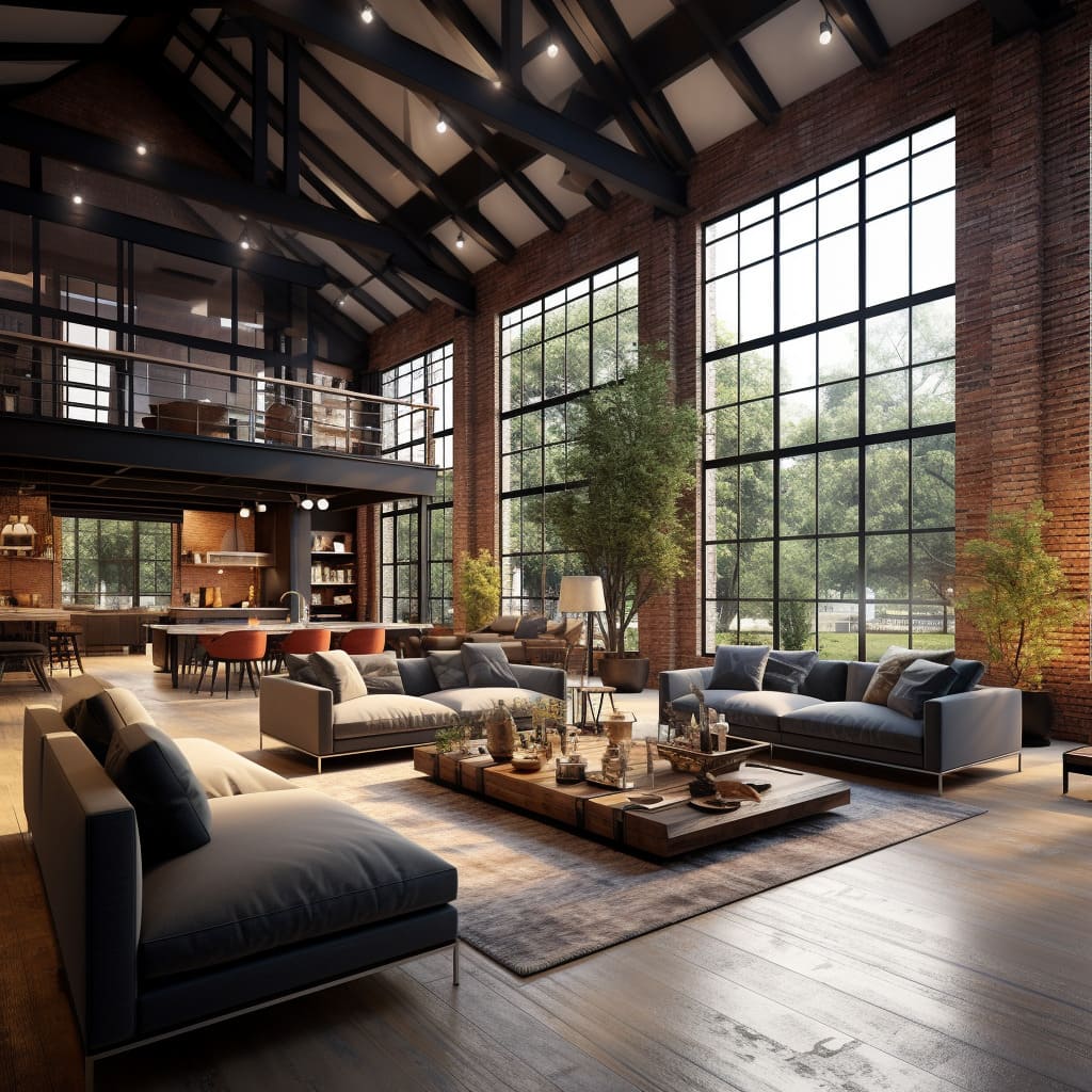 In the open-concept living room, industrial elements add personality.