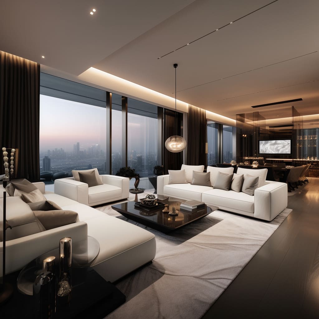 In the penthouse, the living room is a masterpiece of interior design