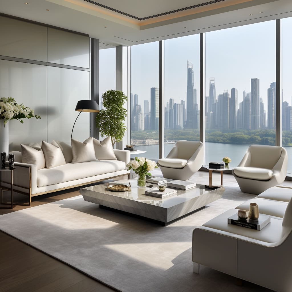 In this American penthouse, the living room embodies a sleek and modern aesthetic.