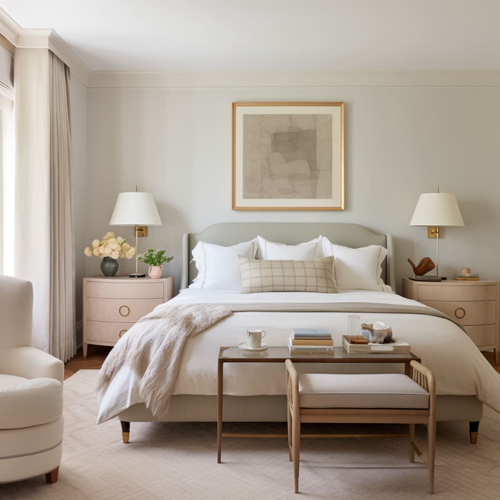 In this California-style master bedroom, traditional touches create a timeless atmosphere.