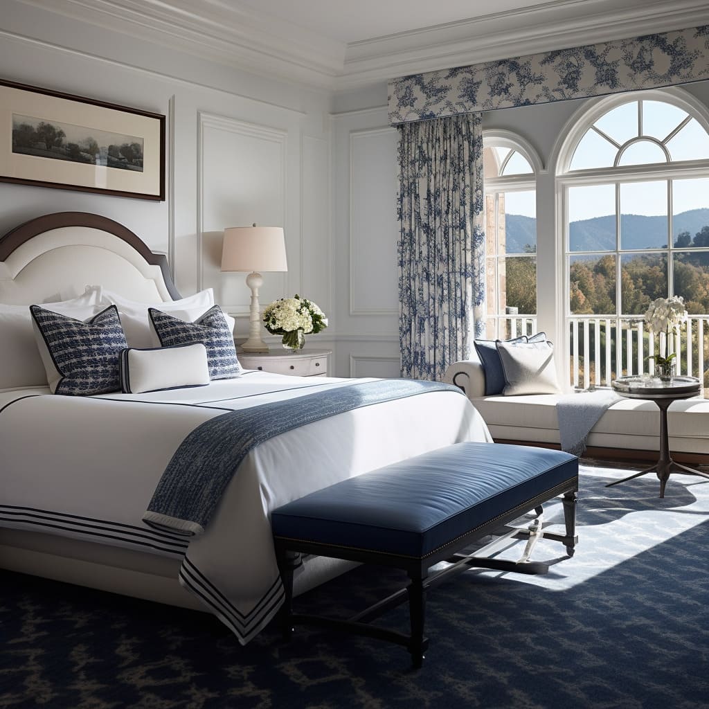 In this California-style master bedroom, traditional touches lend a sense of timelessness.