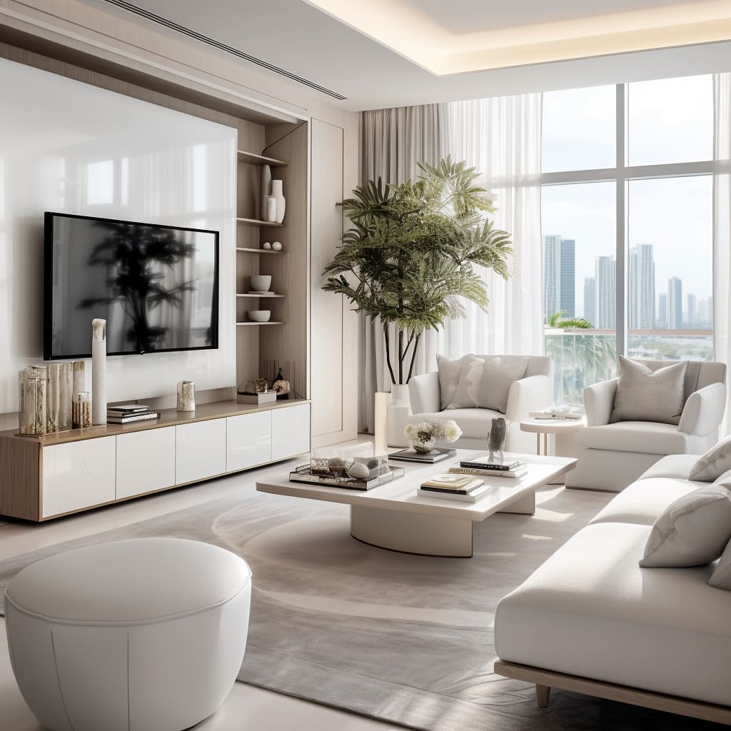 In this apartment, the living room's interior design is a masterclass in luxury minimalism with its sleek TV wall.