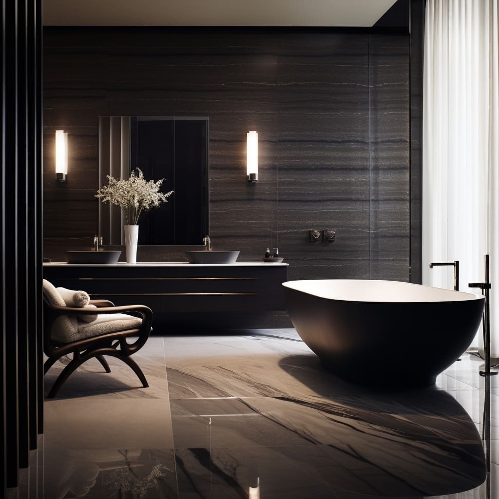 In this bathroom, the dark marble tiles add a luxurious depth to the overall interior design.