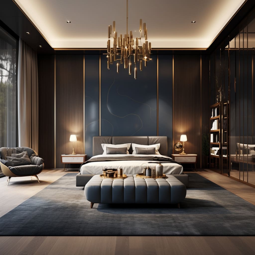 In this bedroom, the interior design spotlights a sculptural headboard as a contemporary masterpiece.
