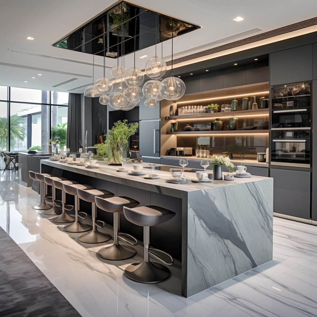 In this contemporary home, the kitchen features a luxurious island with bar stools, perfect for socializing.