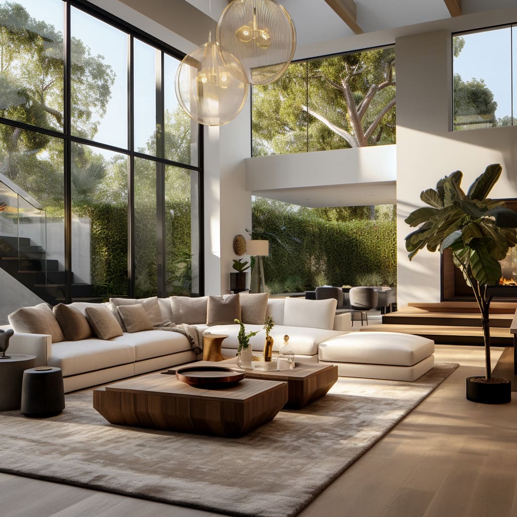 In this contemporary house, the living room is a peaceful retreat with its white walls and natural wooden accents