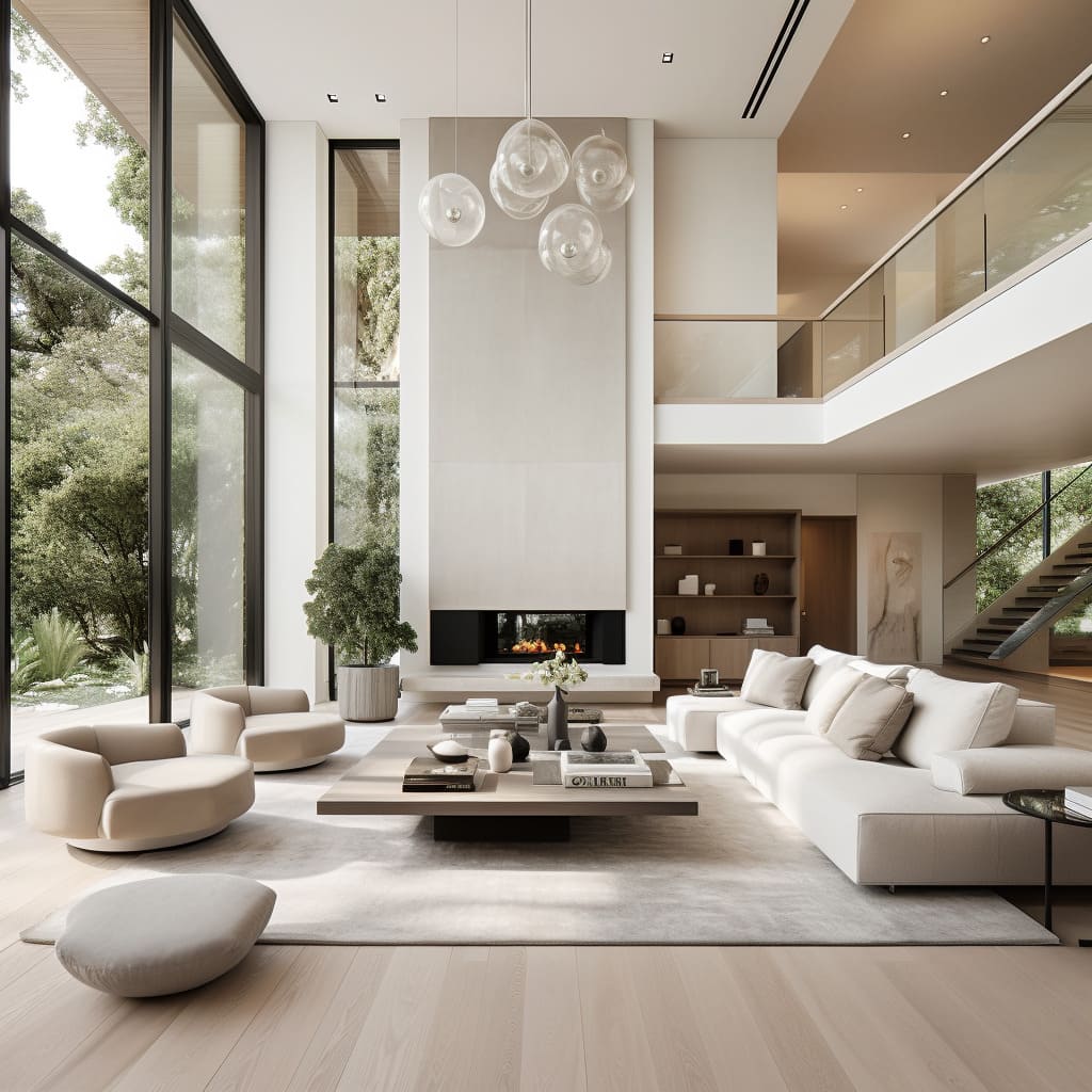 In this contemporary house, the living room's modular sofas and indoor trees create a welcoming environment.