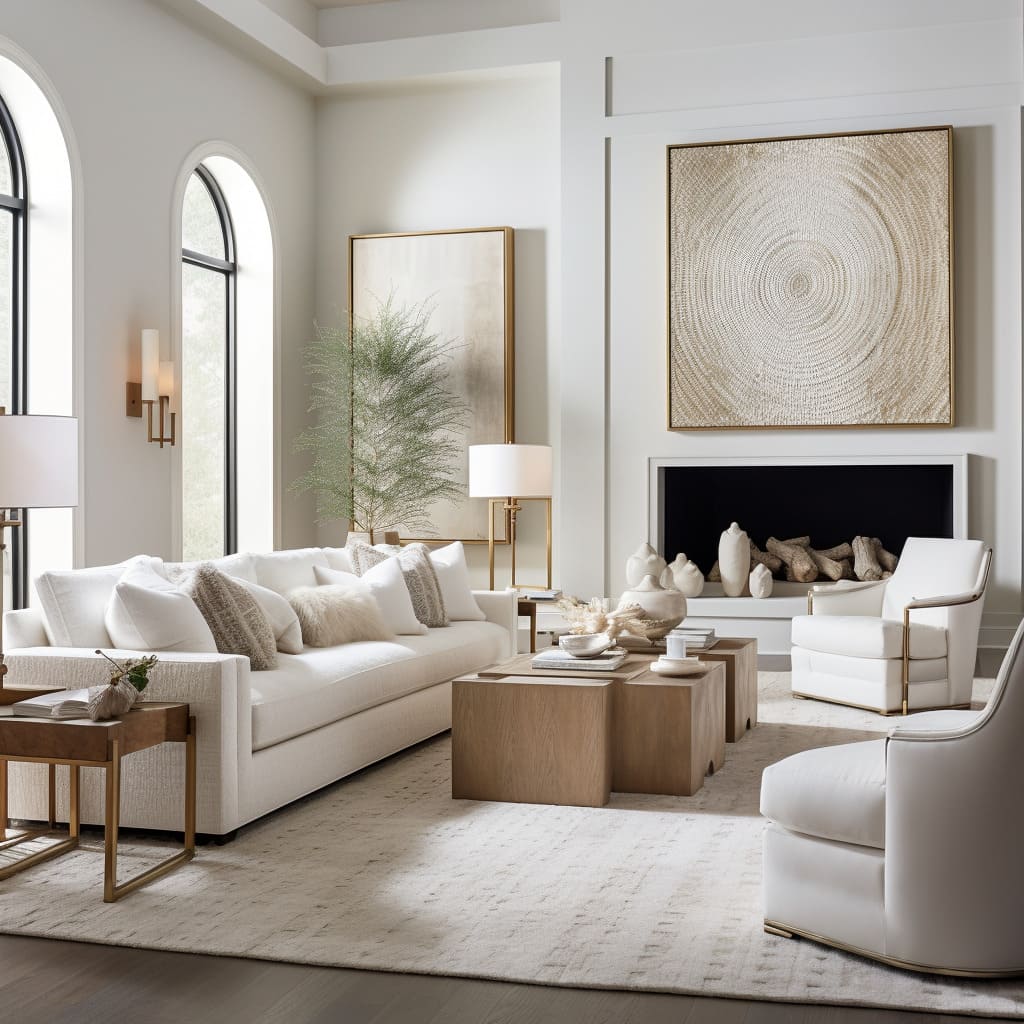 In this dream home, the living room boasts an inviting white sofa, uniting the grace of classic interiors with a modern twist.